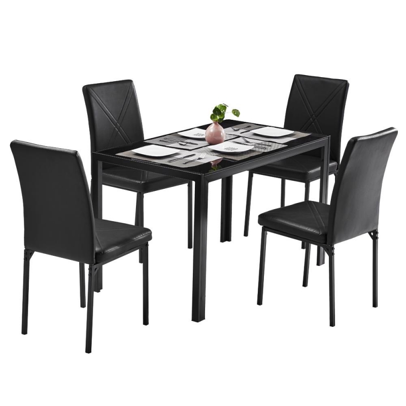 Winado 5 Pieces Modern Glass Dining Table Set Leather With 4 Chairs