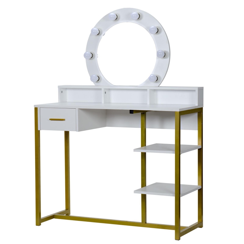 Winado Wooden Vanity Table, Makeup Dressing Desk with Lighted Mirror, 1 Drawer and 2 Shelves for Storage in Bedroom, White - winado Winado Wooden Vanity Table, Makeup Dressing Desk with Lighted Mirror, 1 Drawer and 2 Shelves for Storage in Bedroom, White - winado