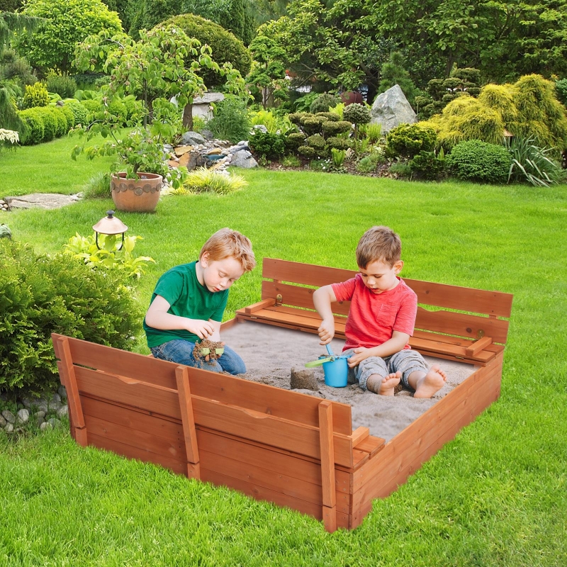 Winado Wooden Sandbox with 2 Benches & Lid for 23 Kids Outdoor