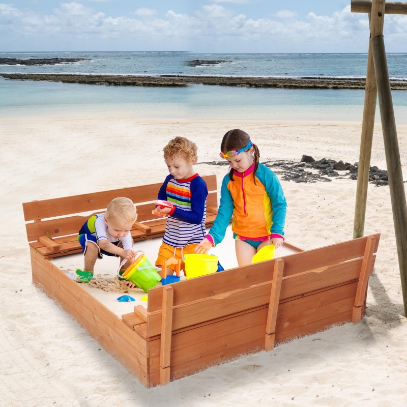 Winado Wooden Sandbox with 2 Benches & Lid for 23 Kids Outdoor