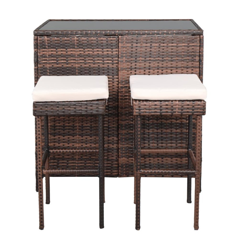 3PCS Outdoor Wicker Bar Set with Stools and Glass Top Table 